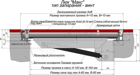 Напольный люк Макс с газовыми амортизаторами, запирание на болтах, 2 створки Напольный люк Макс с газовыми амортизаторами, запирание на болтах, 2 створки